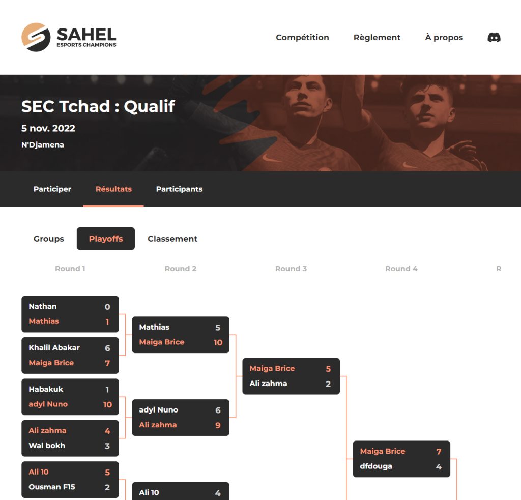 Bilde av resultatsiden for Sahel Esports Champions-nettstedet