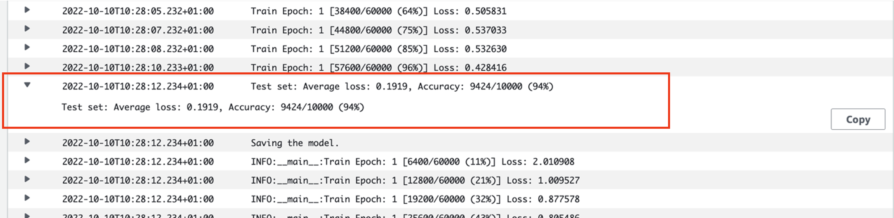 Screenshot highlighting the test loss log in CloudWatch