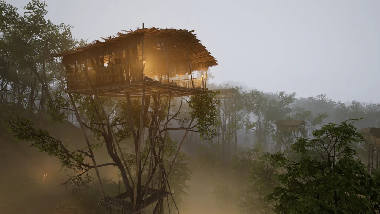 Computer-generated image of treehouse over jungle.