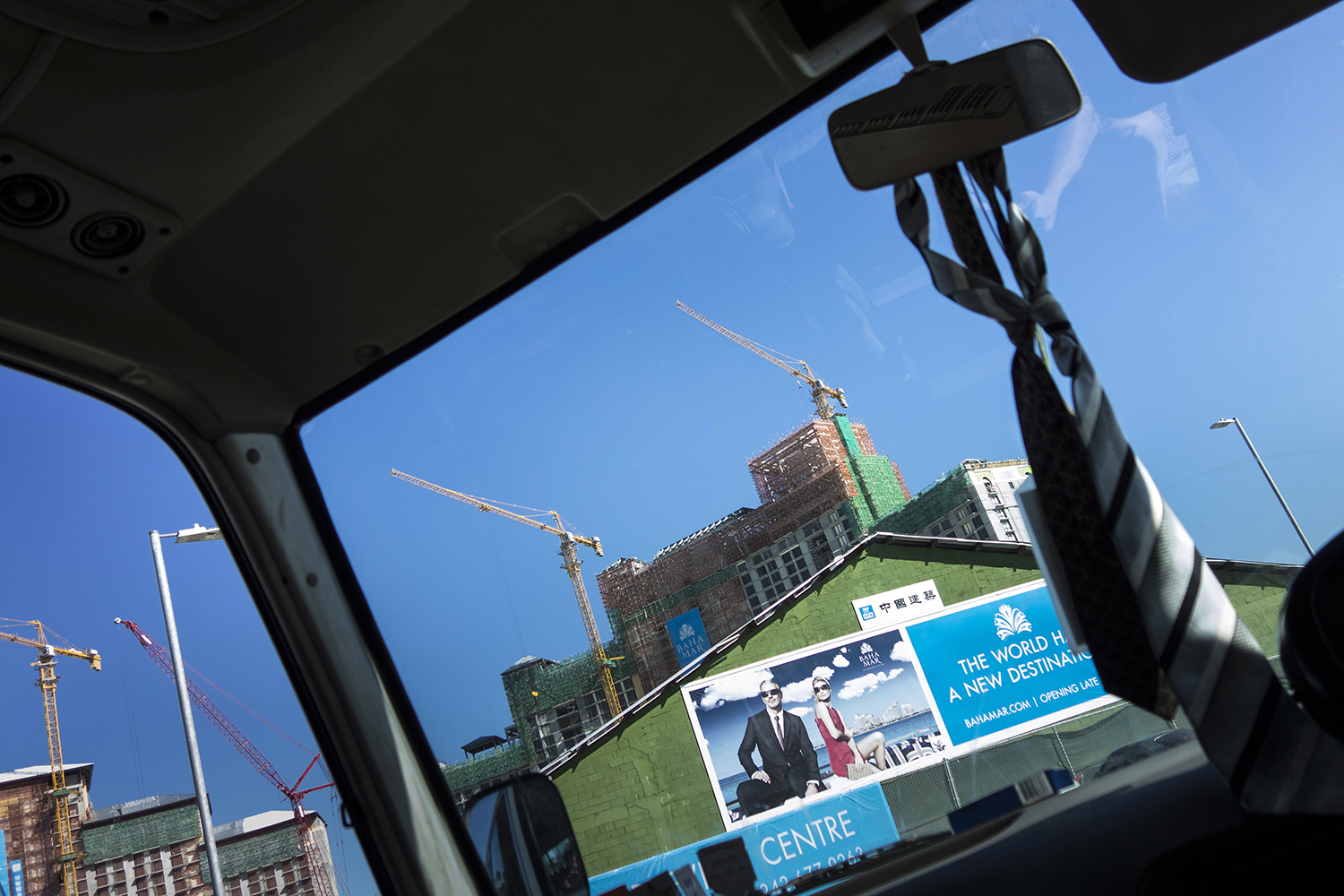 A view from a bus of the construction of the Baha Mar resort