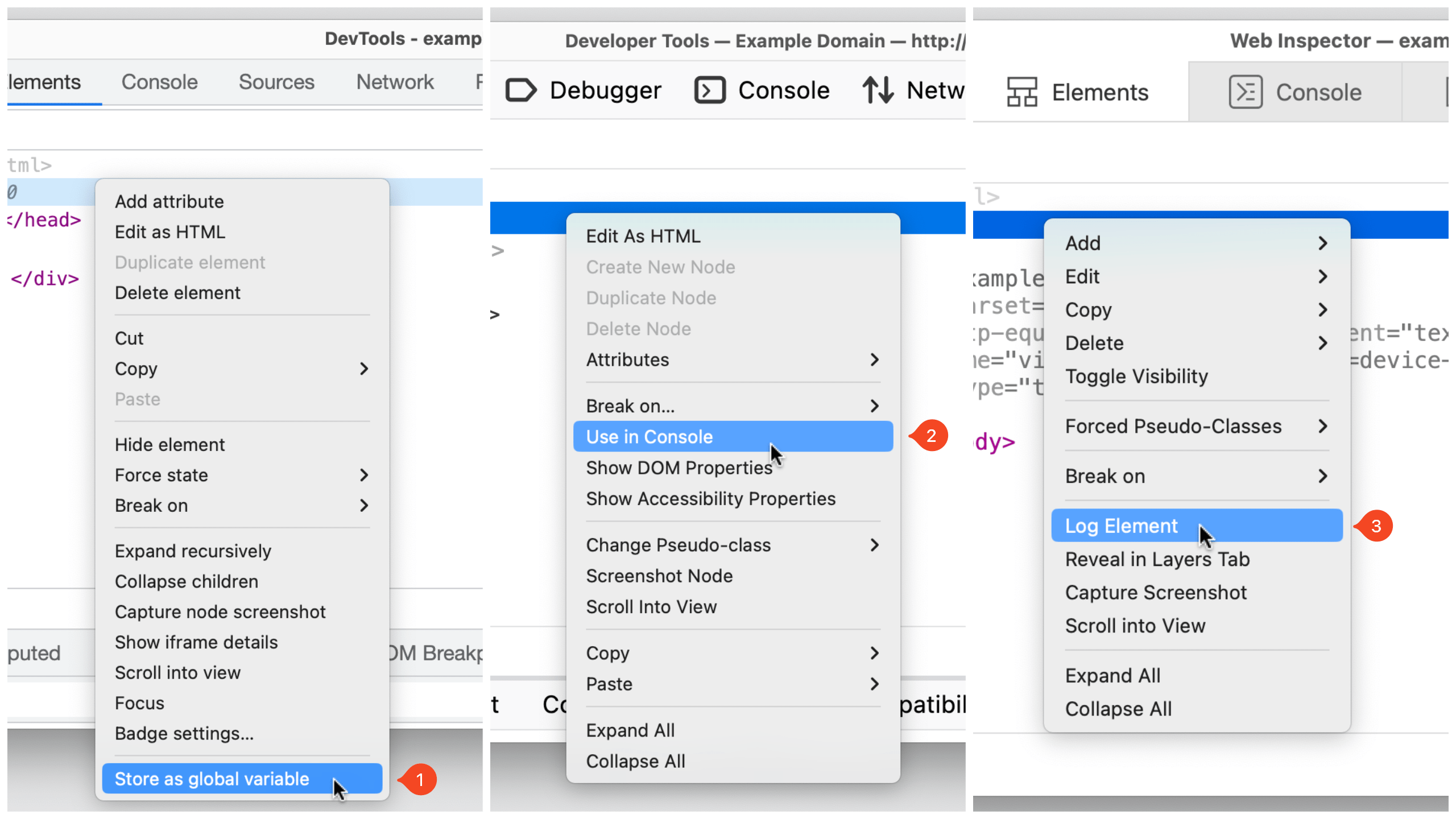 Screenshot of DevTools contextual menus in all three browsers.
