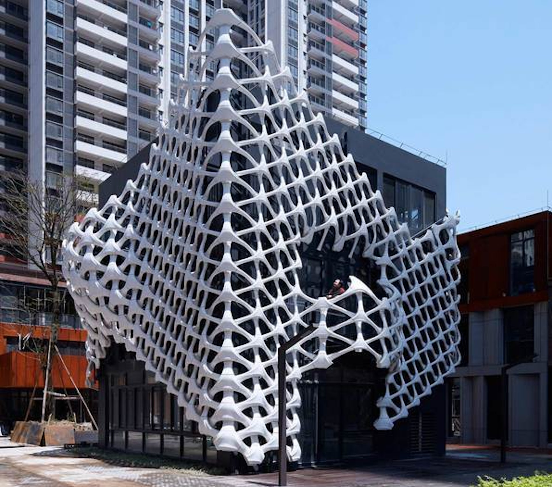 White lattice building façade.