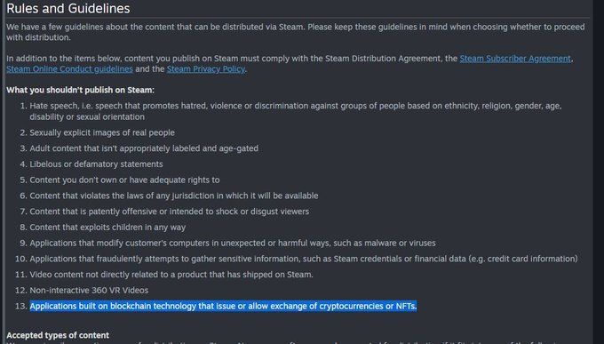 Steam's notice of banning blockchain games. Source: NME