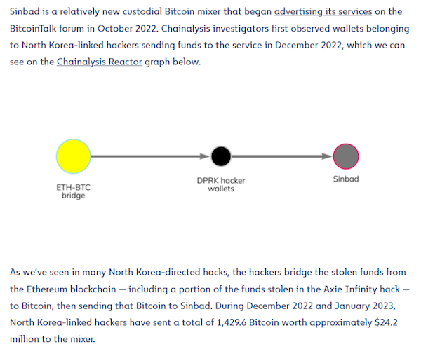Ett utdrag från en Chainalyis rapport som belyser uppkomsten av Sinbad och dess användning av nordkoreanska hackare