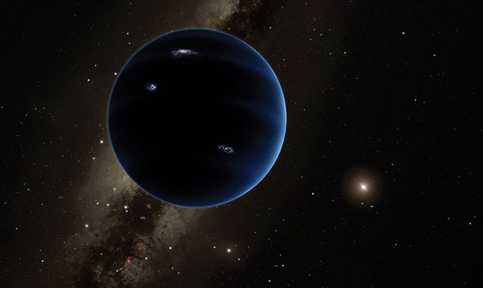 Artistic impression showing a large dark-blue planet on the background of the Milky Way and deep space