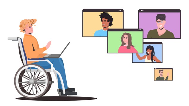 schematic of a person in a wheelchair on an online call