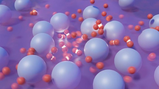 Artist's impression of electrons (represented by small red balls) colliding within the nonuniform atomic structure (represented by larger blue-grey spheres) of a strange metal