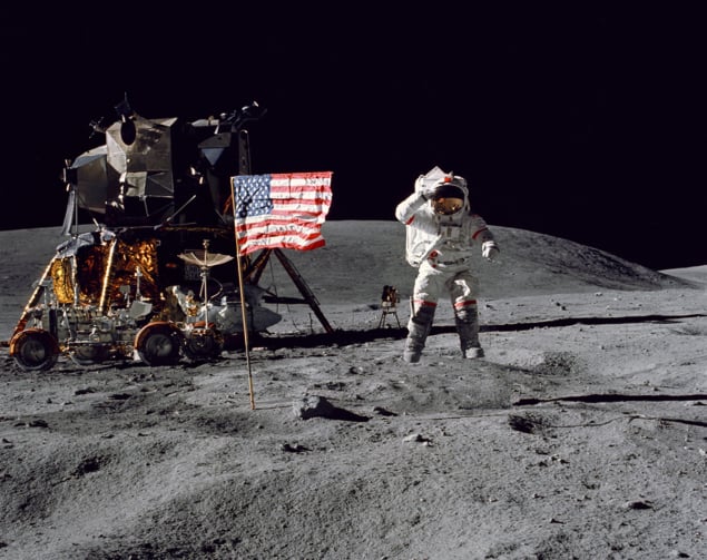 Apollo 16 lunar rover, American flag and astronaut on the Moon's surface