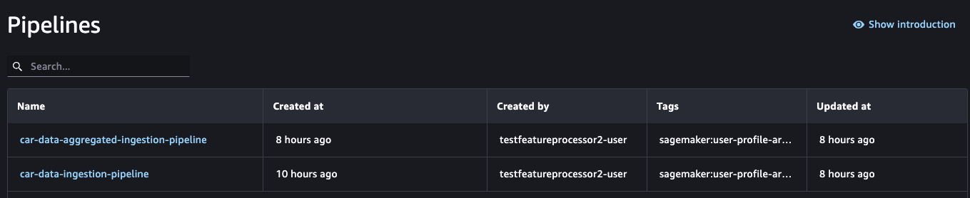 Image of Sagemaker Studio pipelines with the list of pipelines