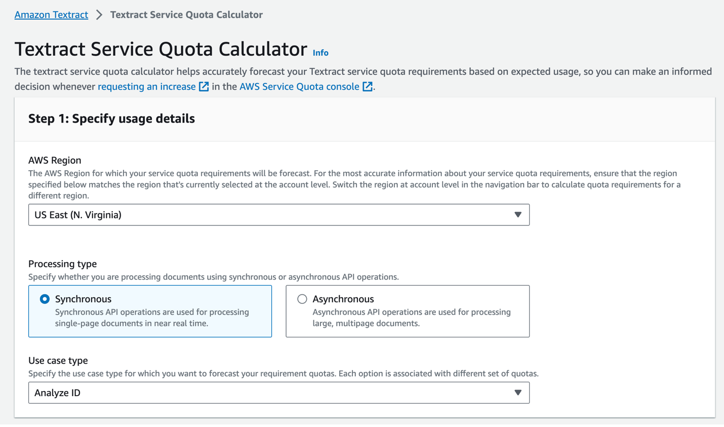  Figure 2. Amazon Textract Service Quota Calculator. By author.