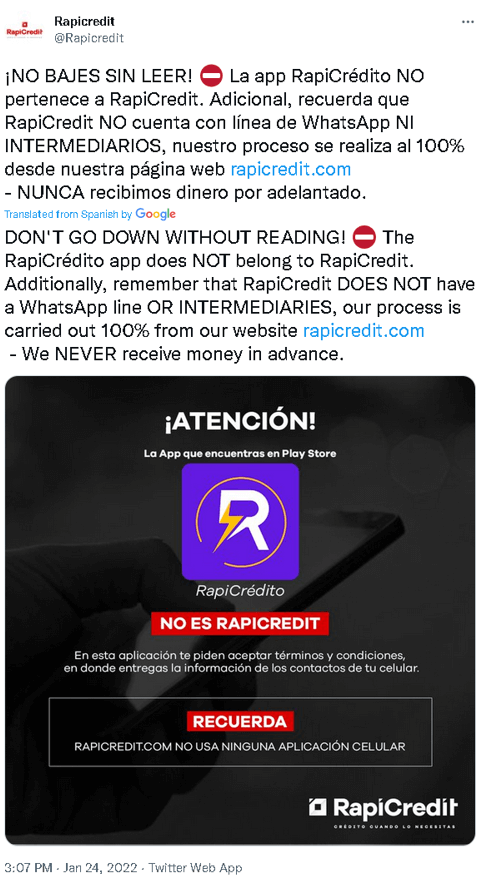 그림 5 RapiCredit은 잠재적 대출자에게 악성 대출 앱에 대해 경고했습니다.