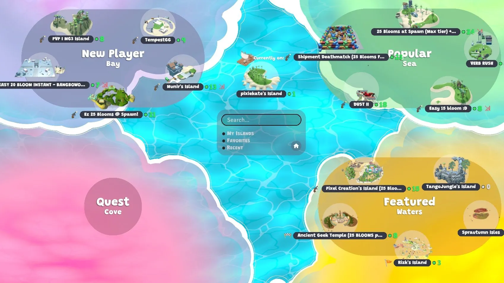 Capture d'écran du jeu montrant une carte avec les îles populaires, l'île « en vedette » et les îles destinées aux nouveaux joueurs.