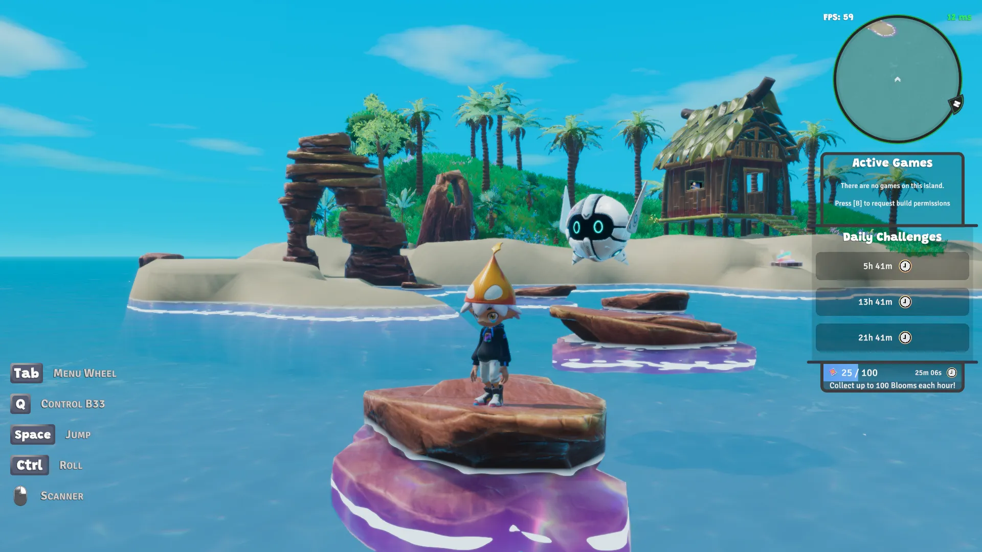 Capture d'écran de Nifty Island montrant une île en rendu 3D avec des formations rocheuses en arc et des tremplins rocheux dans l'eau. Un petit personnage coiffé d'un chapeau avec un robot flottant se tient sur l'un des rochers.