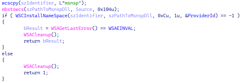 شکل 14. کدی که یک ارائه دهنده فضای نام مخرب Winsock را نصب می کند