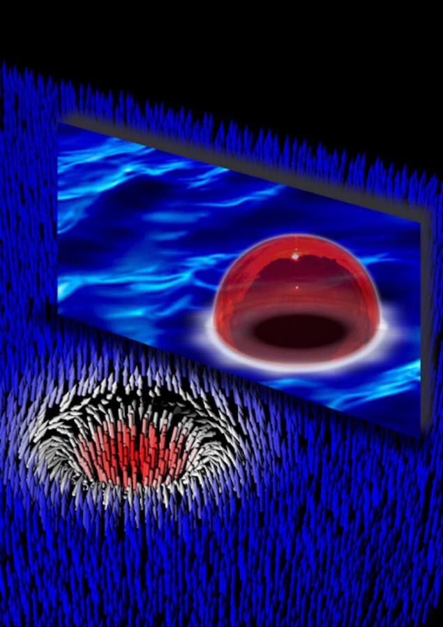 Künstlerisches Bild, das eine superflüssige Spinmischung aus Natriumatomen in einem falschen Vakuumzustand (blau) und ihren Zerfall in den wahren Vakuumzustand (rot) zeigt.