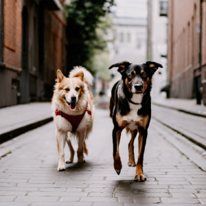 通りを歩く2匹の犬