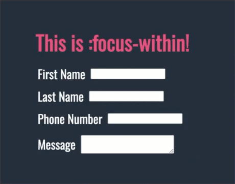 Premier exemple de classe CSS focus-within mettant en évidence l’arrière-plan du formulaire et modifiant la couleur du texte de l’étiquette.