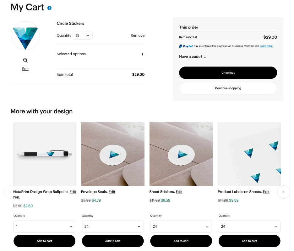 Screenshot showing personalized product recommendations within the shopping cart page of vistaprint.com. The personalized product recommendations also show a notional logo as it would appear on the customized manufactured products.