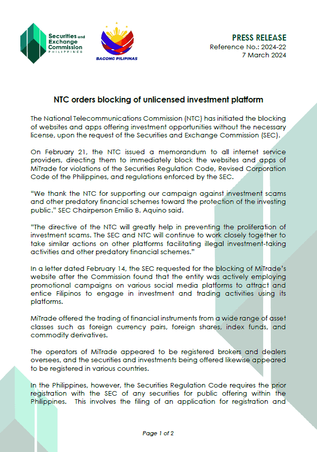 Foto del artículo: NTC de Filipinas implementa directiva de la SEC: MiTrade y otros sitios de inversión sin licencia bloqueados