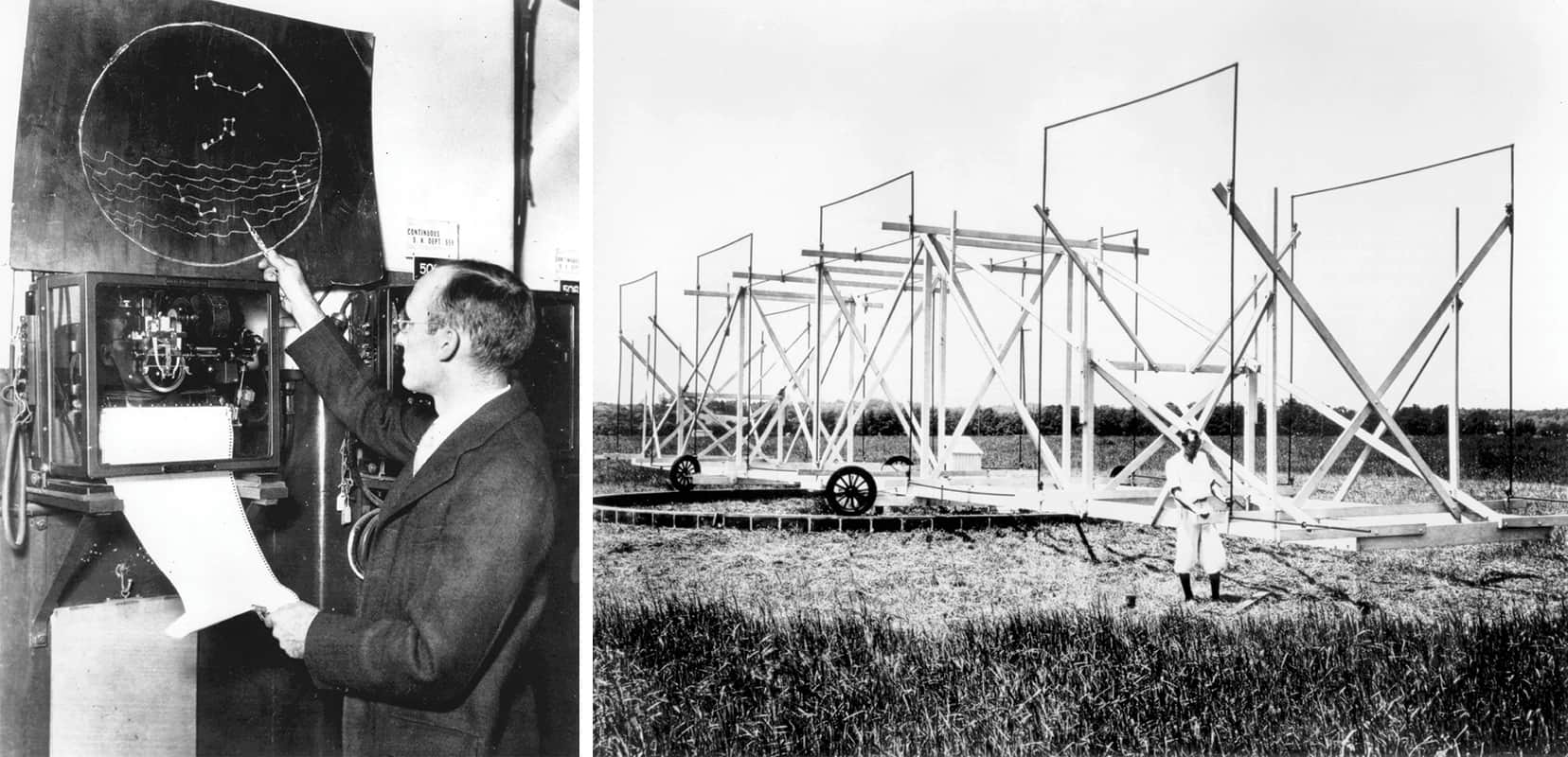 Two black and white photos: a man in an office and a large metal structure on wheels