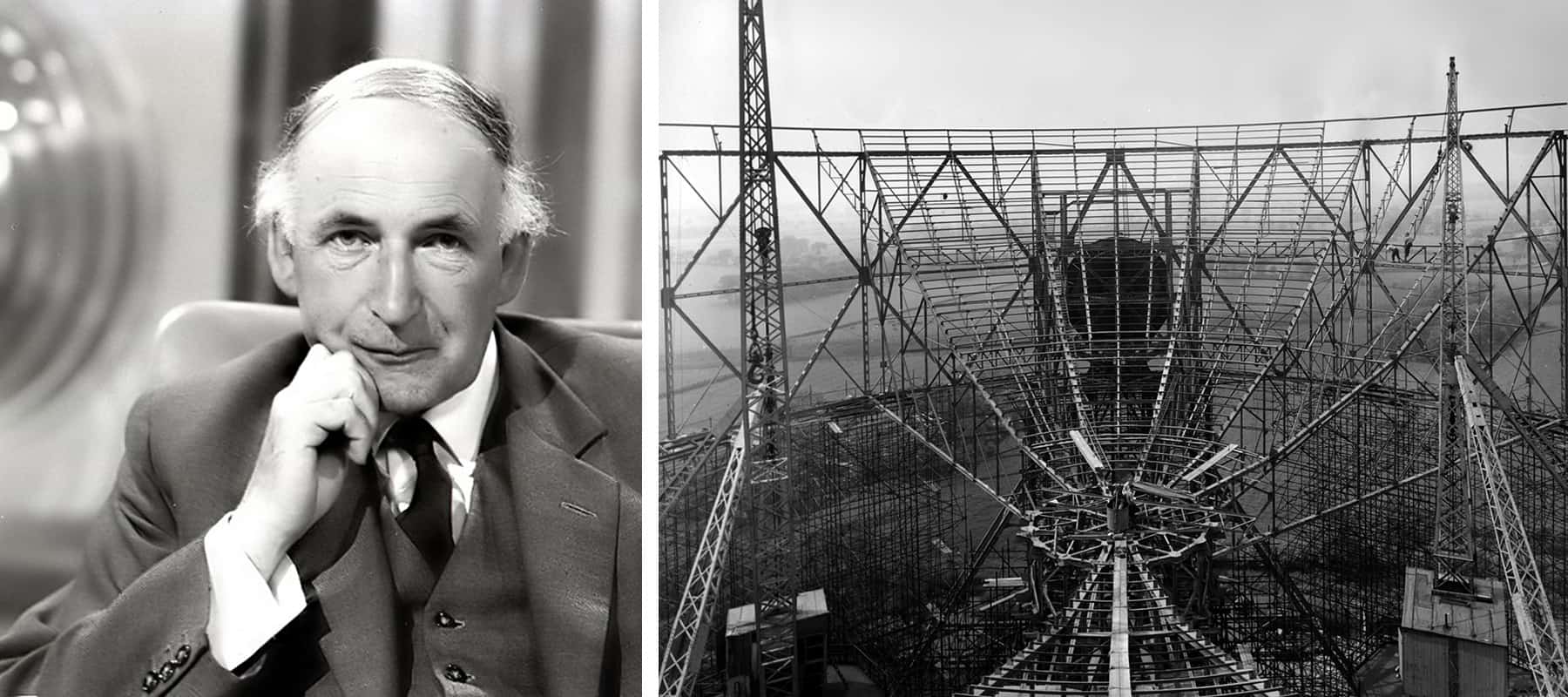 Two black and white photos: a man in a suit and a large telescope under construction