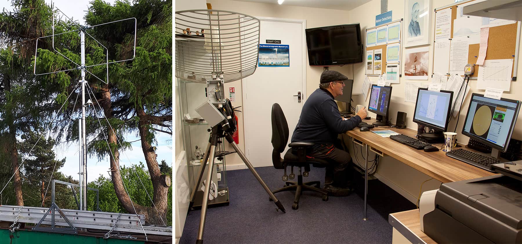 Duas fotos: um radiofarol e um homem sentado em uma mesa olhando para vários monitores de dados