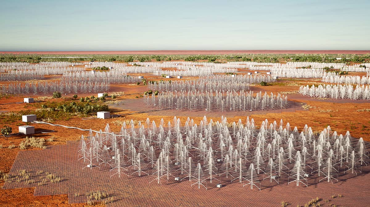 Vaste zone désertique avec plusieurs groupes circulaires de centaines de petites antennes