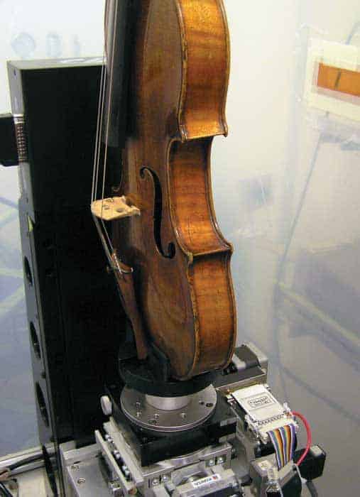 Photograph of a 250-year-old violin made by Piacenza instrument builder Giovanni Battista Guadagnini that now belongs to Norweigian musician Peter Herresthal and that was studied in the Elletra synchrotron in Trieste, Italy