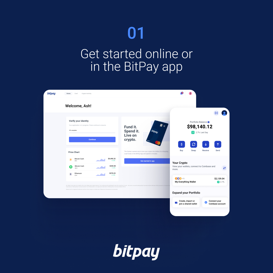 BitPay Bill Pay Vaihe 1: Aloita verkossa tai BitPay-sovelluksessa
