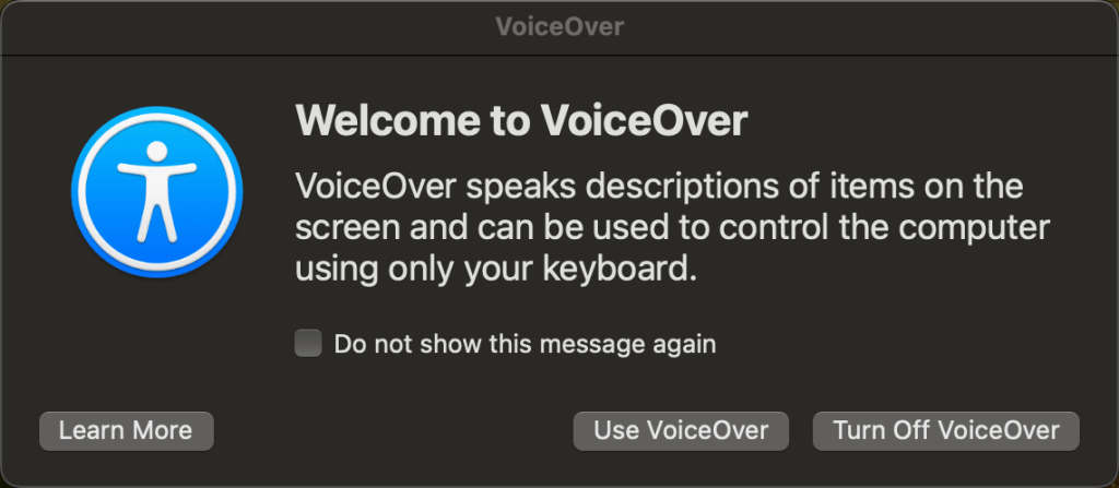 Üdvözöljük a VoiceOver párbeszédpanelen, amikor megnyitja a hangközvetítést.