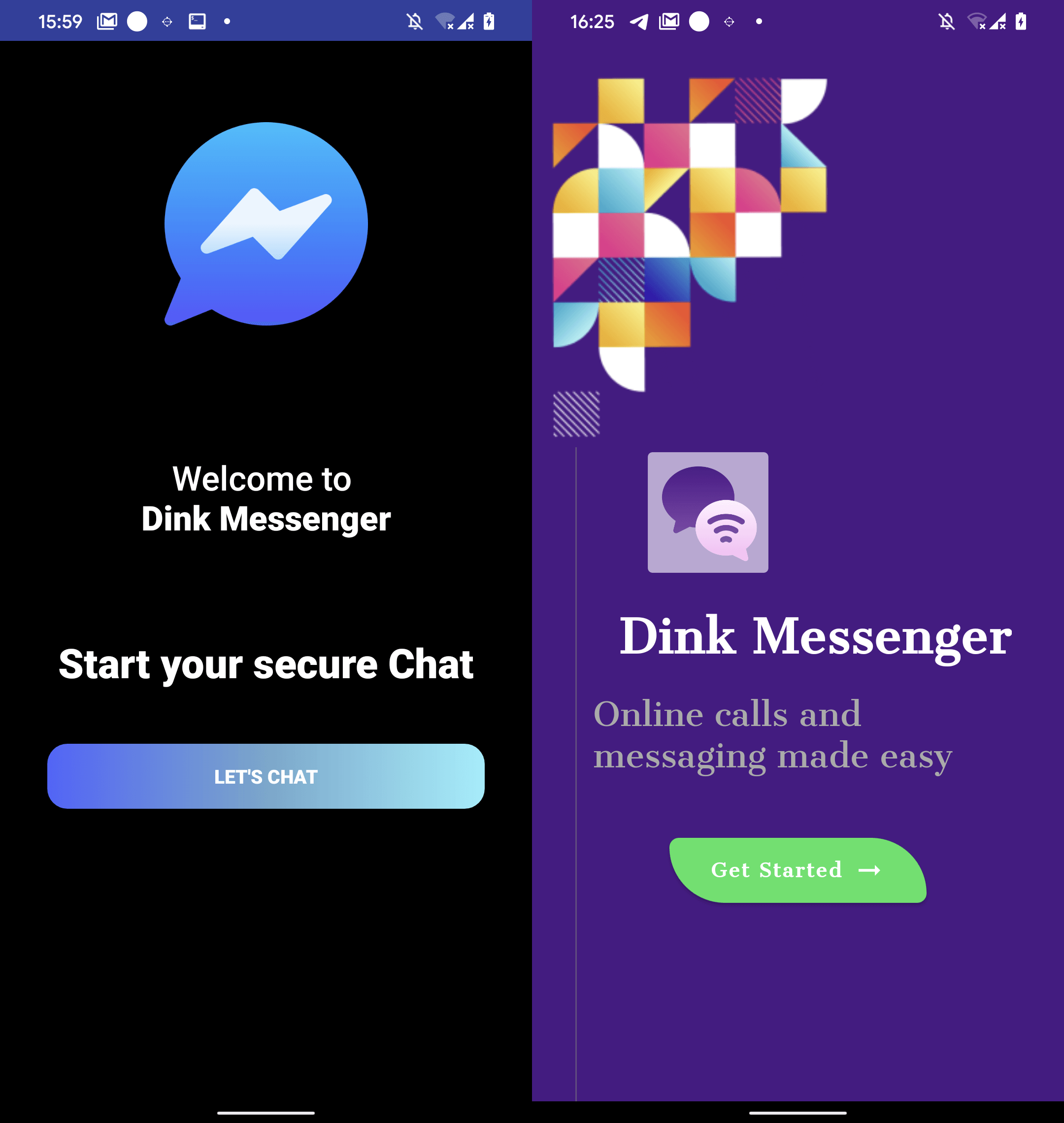รูปที่ 5 อินเทอร์เฟซผู้ใช้ของ Dink Messenger ที่ดาวน์โหลดจากเว็บไซต์เฉพาะ (ซ้าย) และ Google Play (ขวา)