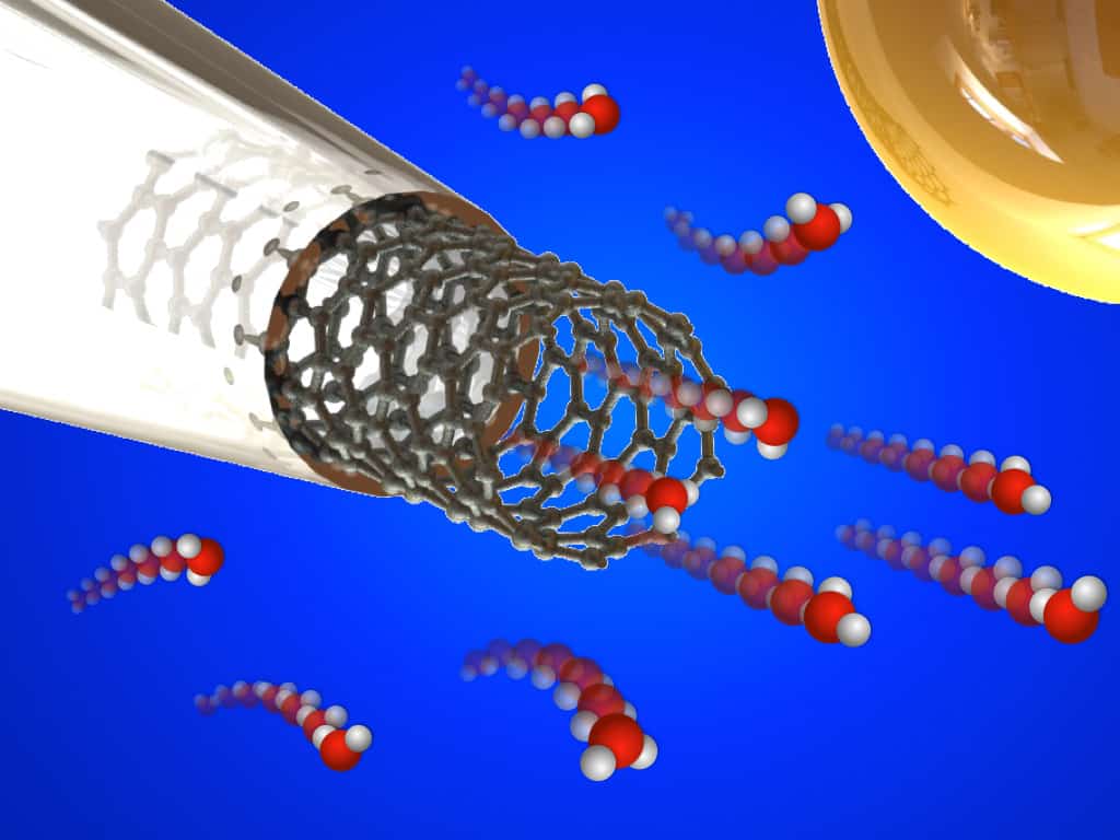 Impressão artística de um líquido fluindo através de um nanotubo de carbono