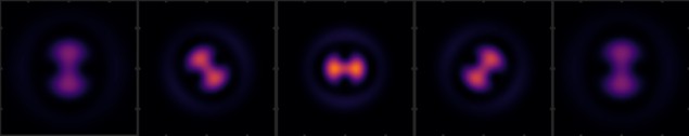 Imagem teoricamente prevista produzida por um microscópio quântico de gás, mostrando uma sequência de objetos em forma de haltere