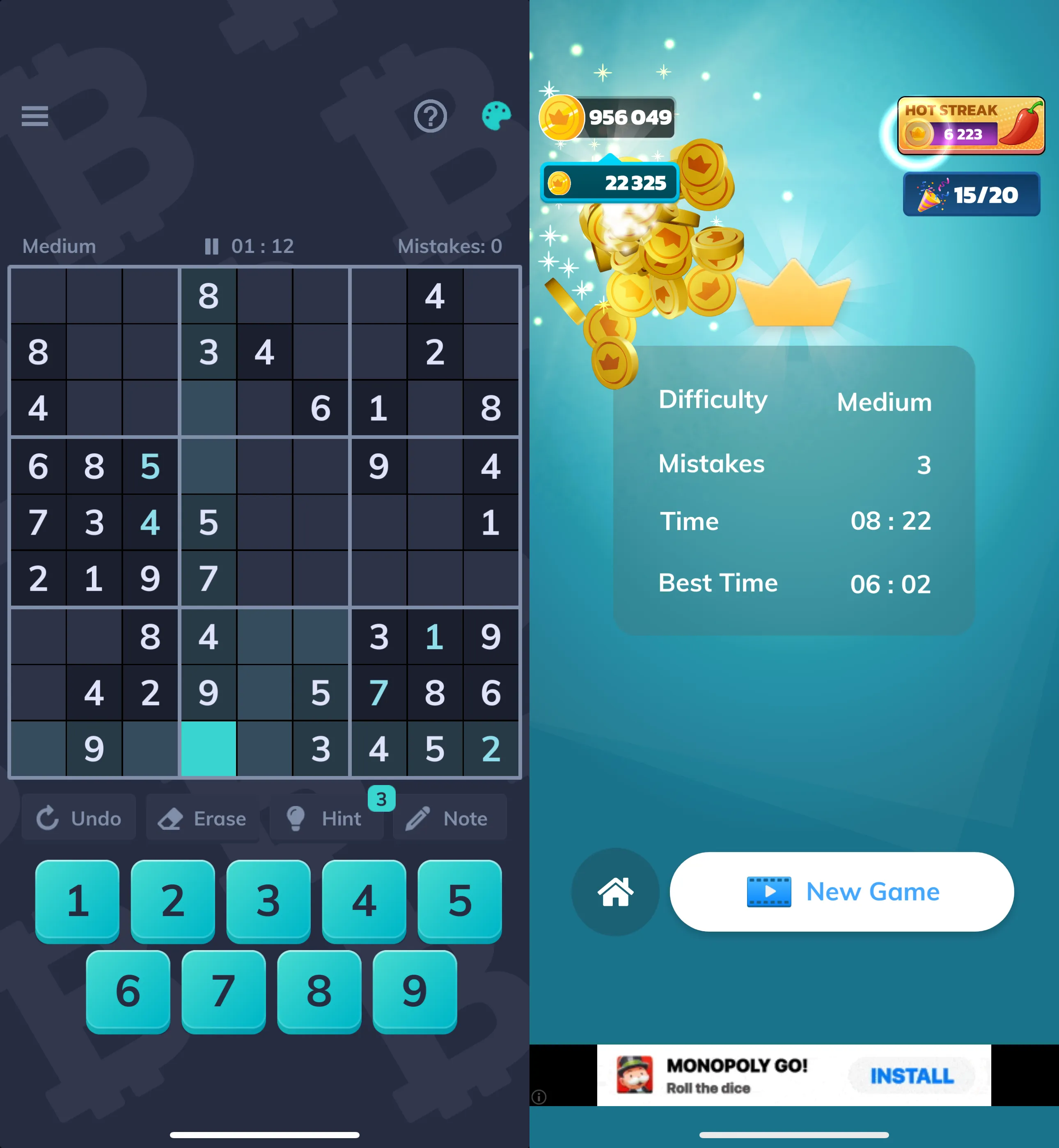 Capturi de ecran din Bitcoin Sudoku pe iOS