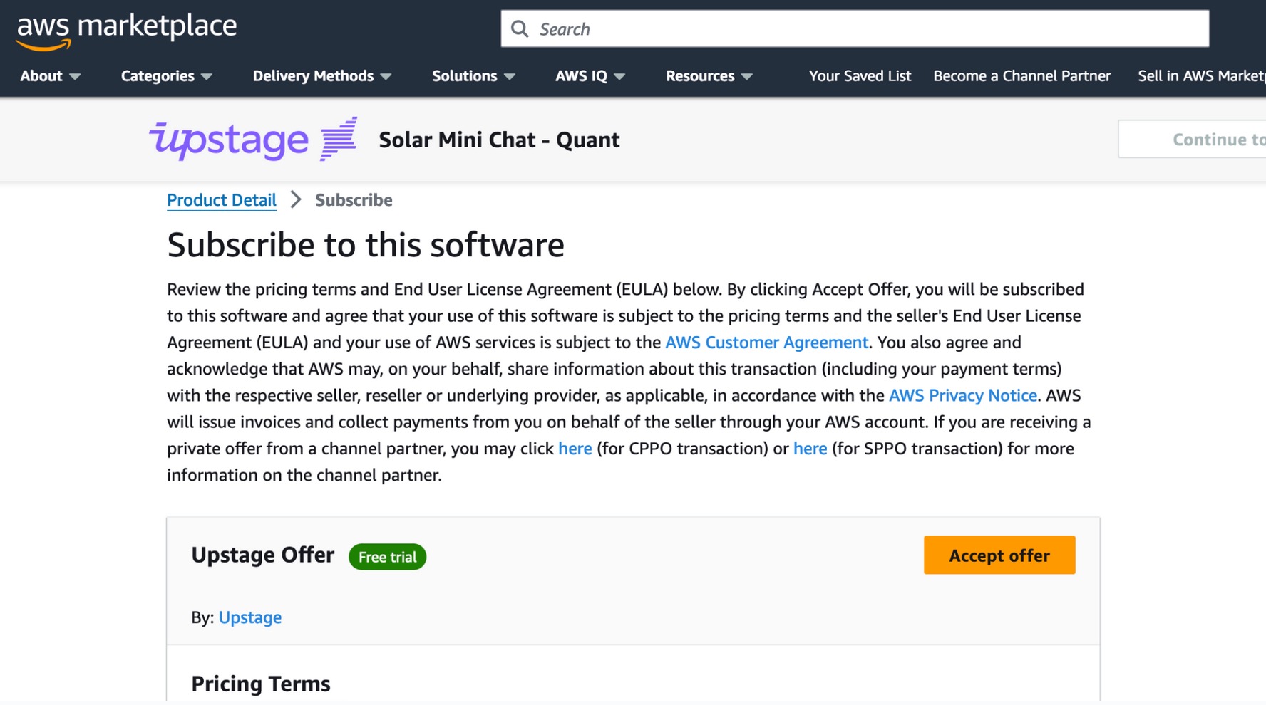 Şekil - AWS Marketplace'te Solar model teklifini kabul edin