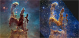 Os Pilares da Criação vistos pelo Telescópio Espacial James Webb e pelo Telescópio Espacial Hubble