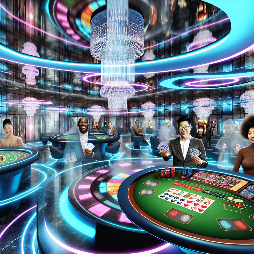 Futuristic casino merging digital and physical.