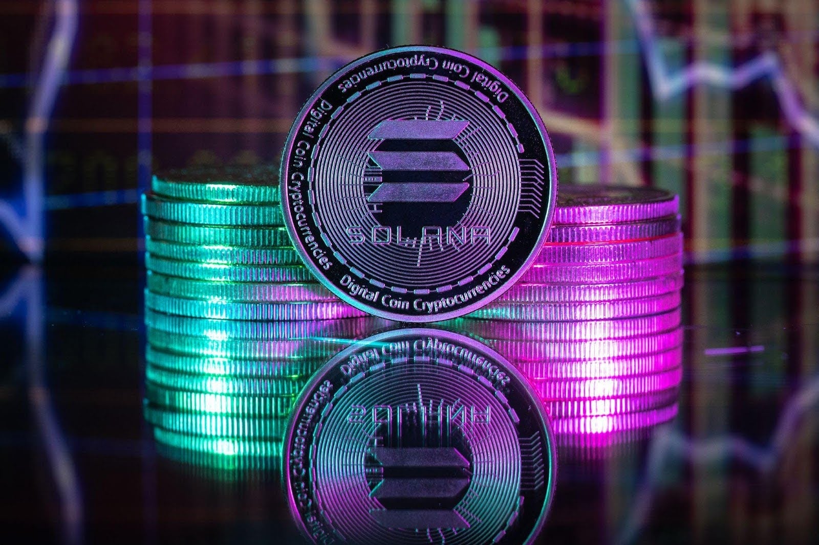 Solana coins in front of the graph